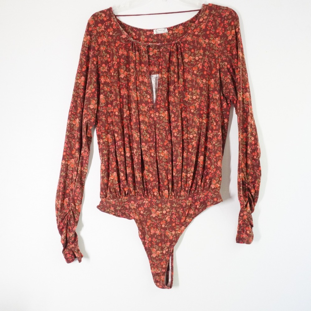 Free People Kaya Floral Print Long Sleeve Bodysuit Chocolate Combo LG Keyhole